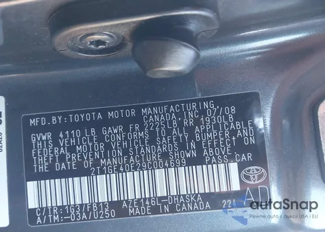 2009 Toyota Matrix Xrs z USA, uszkodzony, nr VIN 2T1GE40E29C004699